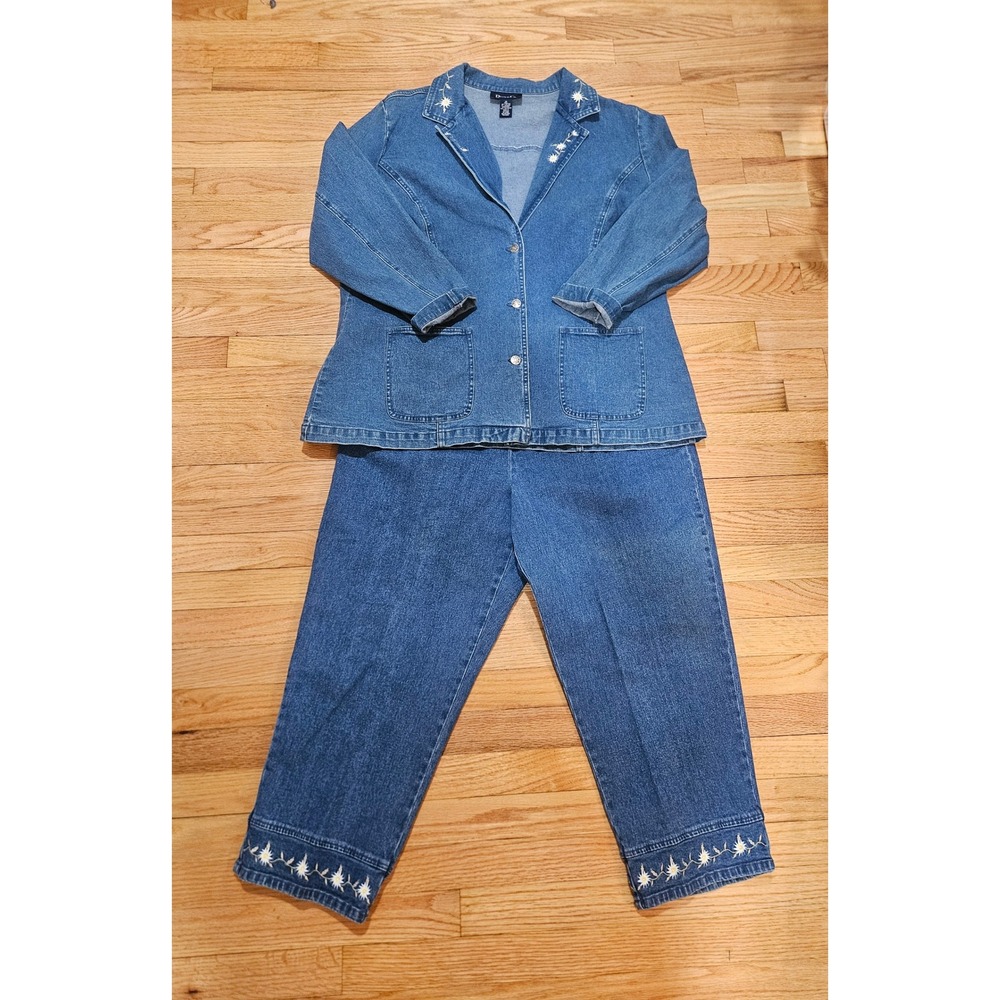 Vtg Denim & Co. 2-Piece Denim Jacket & Pant Set with Embroidered Flowers Size 1X